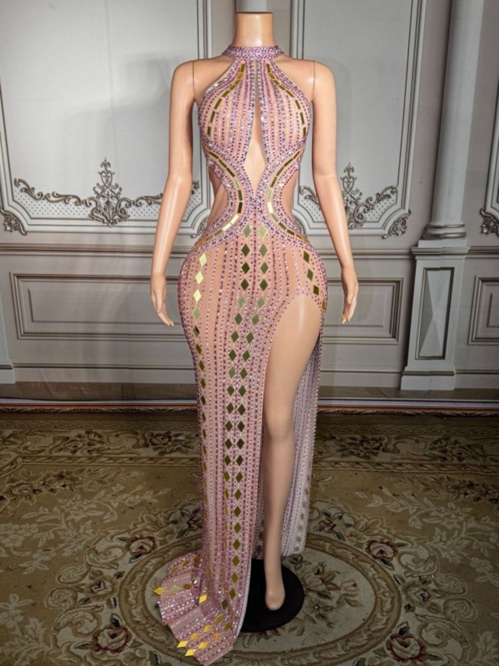 Nude Illusion Pink Crystal & Gold Mirror High-Slit Gown